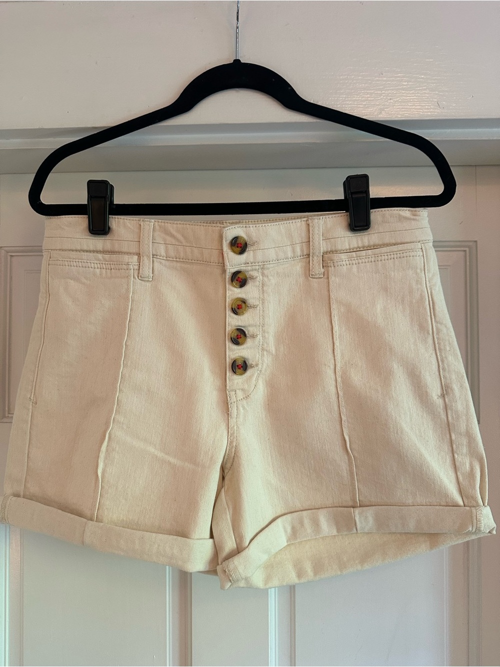 Anthropologie Cream Button-Front Denim Shorts